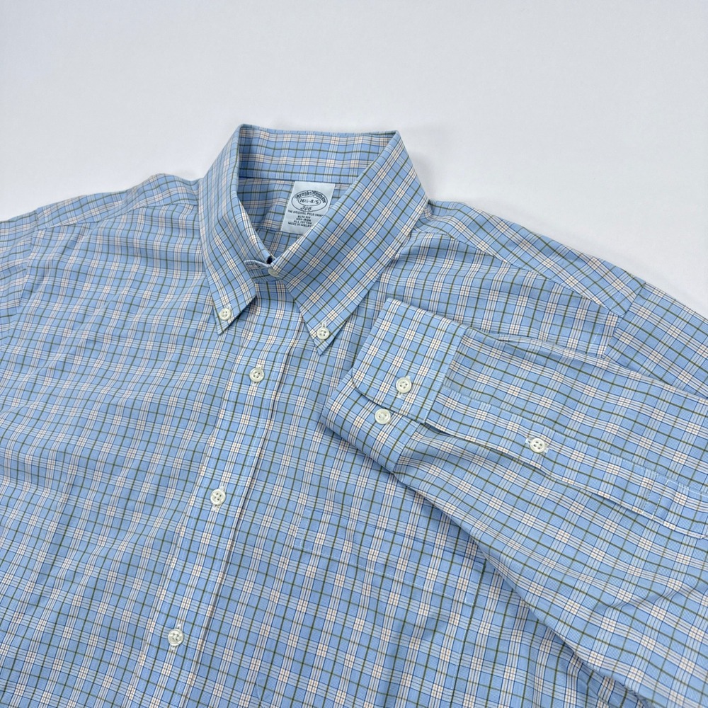 Brooks Brothers Mens Shirt 16.5 Blue Plaid 346 Slim Fit Non Iron Preppy Classic